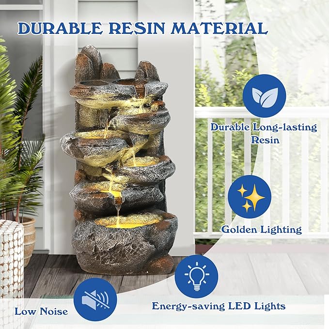 Outdoor Cascading Rock Water Fountain, 6-Tiers Fountains and Waterfalls with LED Lights, Indoor Freestanding Resin Waterfall Feature w/Pump for Patio, Garden, Backyard, Deck, Porch, Home Decor