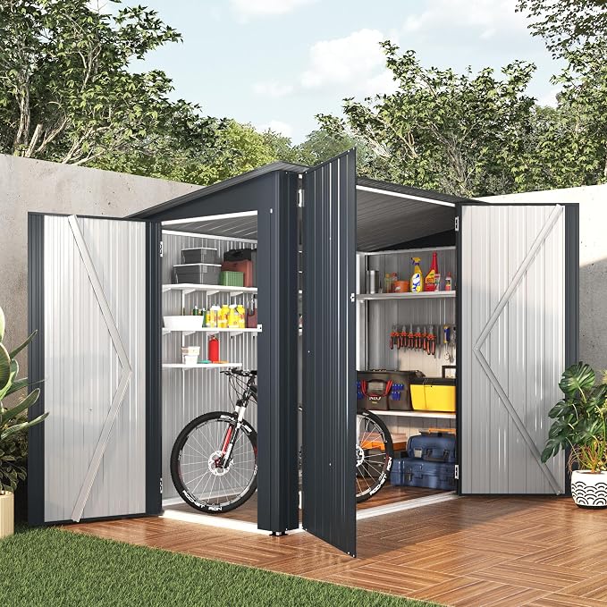 AECOJOY 4'x7' Outdoor Storage Lean to Shed,7x4 Outdoor Horizontal Metal Sheds & Outdoor Storage with Triple Lockable Door, Small Metal Storage Cabinet for Bicycles, Tools Storage for Garden Use - Image 6