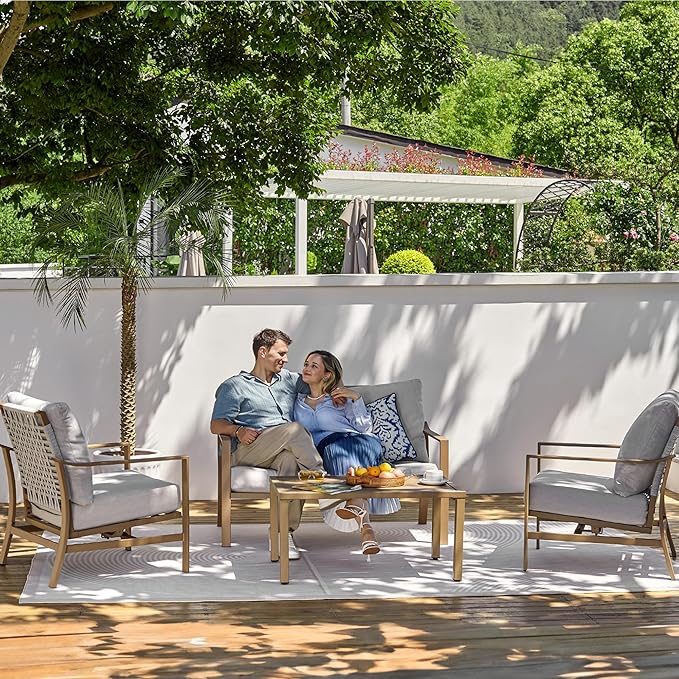 NATURAL EXPRESSIONS 4 Pieces Patio Furniture Sets,Modern Metal Outdoor Conversation Sets with All Weather Hand-Woven Rope Chairs,High Back Frame,Metal Table, 6" Thick Olefin Cushions for Yard,Garden