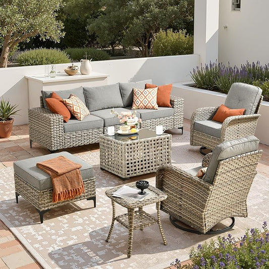 Patio Furniture Set, 8 Pieces Outdoor Wicker Conversation Sets with 2 Wicker Rocking Chair & Coffee Table Outdoor Sectional Sofa for Balcony Backyard Poolside Garden Lawn (Gray)