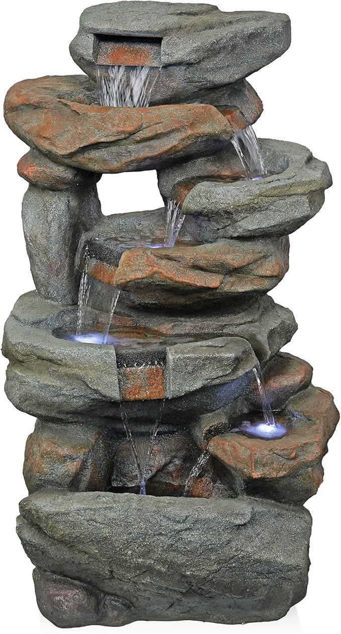 Alpine Corporation WIN1484S Cascading Natural Stone Fountain with LED Lights, Waterfall for Garden, Patio, & Lawn, 41" H