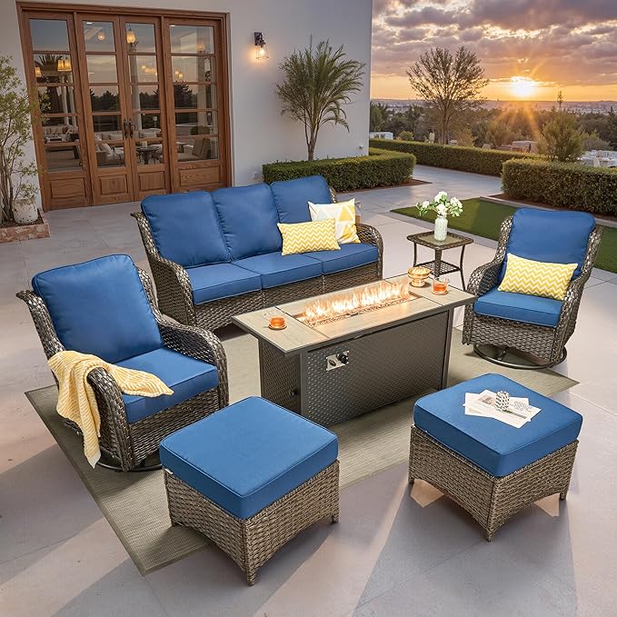 ovios 7-Piece Patio Furniture Set with Swivel Chairs Coffee Table, Outdoor Wicker Sofa with 54" Fire Pit Table, High Back Couch Modern Conversation Sets, Brown/Navy Blue