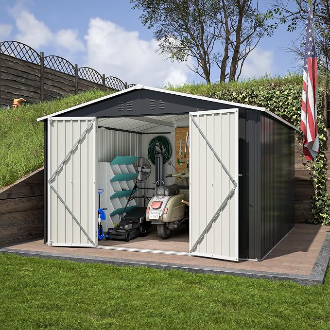 YOPTO 10 x 10 FT Outdoor Storage Shed,Heavy Duty Tool Sheds Metal Storage Garden Shed with Sloped Roof and Lockable Doors,Large Metal Storage Sheds for Backyard Patio Lawn, Black - Image 7