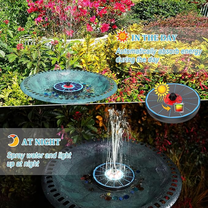Solar Fountain Upgrade, 3.5W Solar Birdbath Fountains with White Lights, Glass Panel, 2200mAh Battery, Hummingbird Water Fountains with 8 Spray Modes & 4 Fixed Pipes for Garden, Pool, Pond