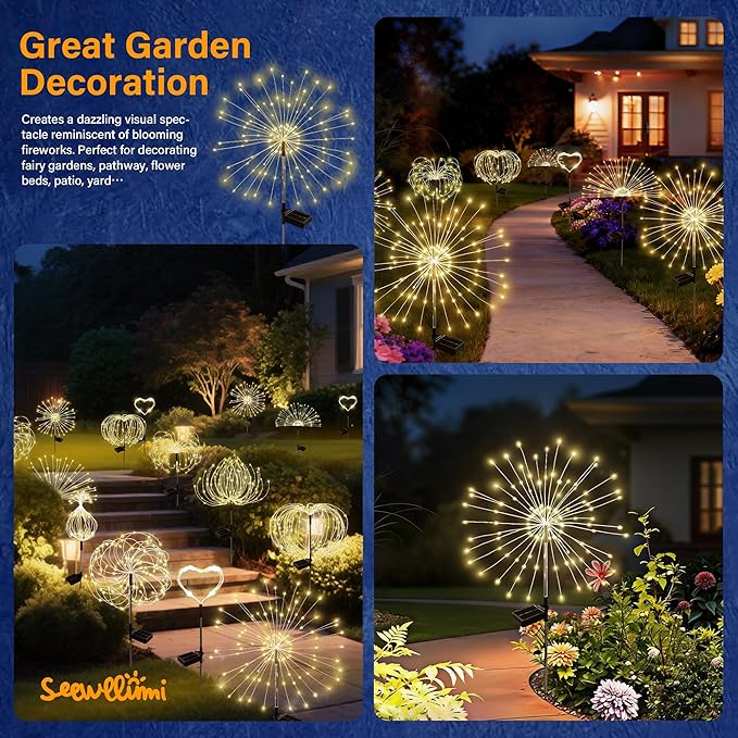Solar Garden Lights Outdoor Decorative, 2pack 120 LED Firework Lights Waterproof???Solar Fairy Lights for Outside,Garden,Yard, Patio,Pathway,Flowerbed,Party(Warm White)