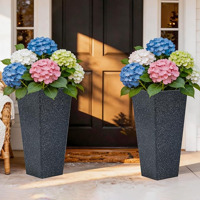 28" Tall Planters Set of 2, Oversized Terrazzo-Look PP Outdoor Pots for Plants, Versatile Indoor/Outdoor Flower Pots w/Drainage Hole for Patio, Garden, Porch & Living Room Decor, Ideal Gift