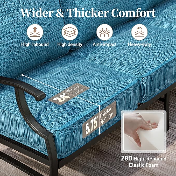 7 Piece Metal Outdoor Patio Furniture Set, Patio Conversation Sets 3-seater Sofa, 4 Fixed Chair, 2 Ottomans with 5.75" Thick Cushion, Black All-weather Frame Backyard Furniture, Blue-2