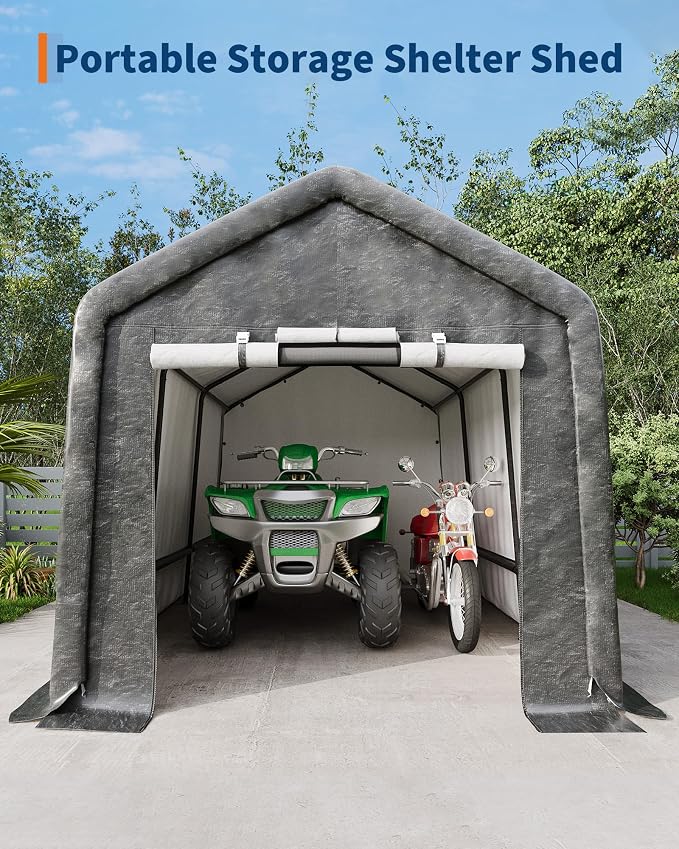 GarveeLife Portable Outdoor Storage Shed with Roll-Up Zipper Door & Vent, 240G Heavy-Duty Shelter Waterproof PE Tarp, UV-Resistant Carport for Motorcycle, Firewood, Tools (Khaki, 7'x15') - Image 2
