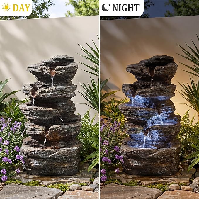 19.7" Tall Outdoor Water Fountain, 5 Tier Cascading Bowls and Stacked Water Fountain with LED Lights, for Yard Décor, Backyard, Patio and Deck (19.7'')