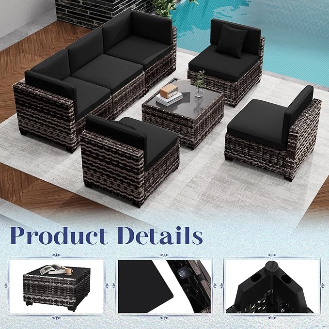 KIGOTY Patio Furniture Set,14 Pieces Modular Outdoor Sectional Sofa, PE Rattan Patio Conversation Set, All Weather Wicker Patio Furniture with Cushions and Coffee Table(Beige Black/Black)