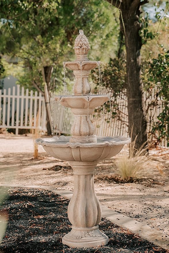 XBrand 51" 3-Tier Outdoor Freestanding Waterfall Fountain with Pump and Pineapple Finial, Beige