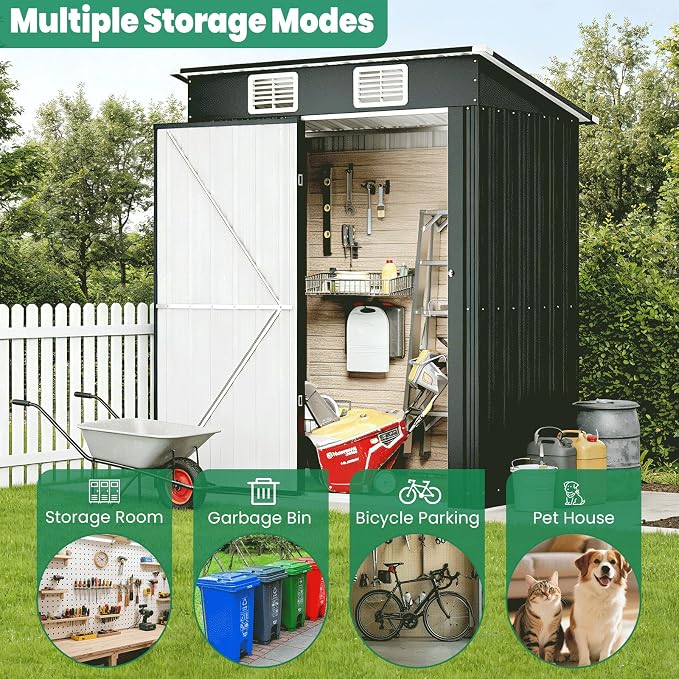 5x3 FT Outdoor Storage Shed, Weatherproof Garden Shed with Lockable Double Doors, Sloped Roof & Ventilation for Backyard, Patio, Poolside - Image 4
