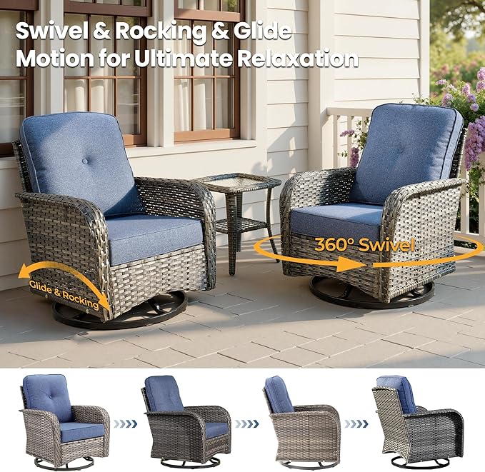 Weaxty Outdoor Swivel Rocker Patio Chairs, 3 Pieces Patio Furniture Set with Rocking Chair and Wicker Side Table, Outdoor Furniture Conversation Set for Porch, Deck, Yard, Balcony, Denim Blue
