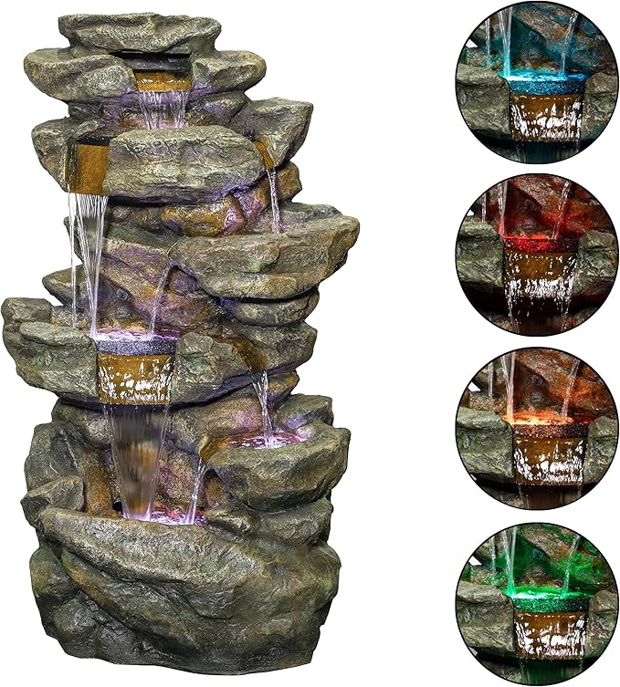 Alpine Corporation 51" Tall 6-Tier Outdoor Rainforest Waterfall Floor Fountain, Weather-Resistant Design with Color-Changing LED Lights & Remote Control, Gray