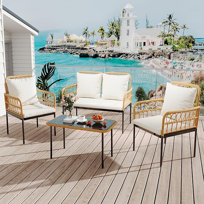 4 Pieces Outdoor Patio Furniture Set with Table - Rattan Balcony Furniture for Porch or Deck, Includes Chaise Lounge, 2 Armchairs with Cushions and Pillows for Porch Backyard Lawn Poolside Deck, Beige