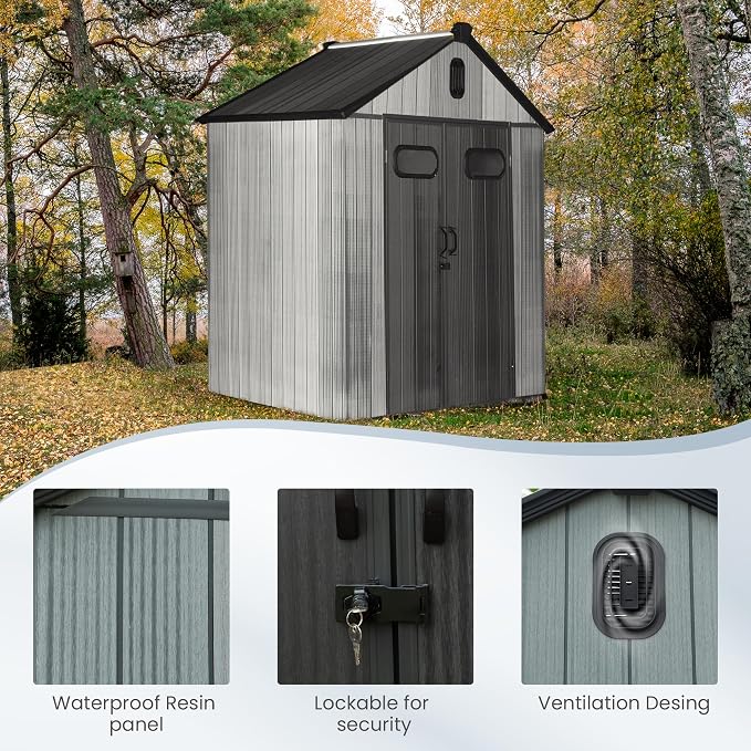 Domi 6x4 FT Outdoor Resin Storage Shed, All-Weather Double-Wall Storage Building for Backyard, Garden, Lawn Tools, Mower, Bike & Pool Equipment, Lockable Doors, Ventilated Roof, Grey - Image 8