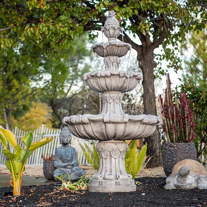 XBrand 58.3" Outdoor Bird Bath Fountain, 3-Tier Water Feature with Pump, Classic Leaf Design, Gray Resin Garden Décor for Yard, Lawn & Porch