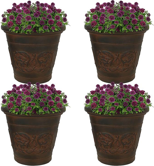 Sunnydaze 16-Inch Arabella Large Plastic Pot for Plants - Outdoor Double-Walled Polyresin Large Plastic Planter with Drillable Drainage Holes - Rust - 4-Pack