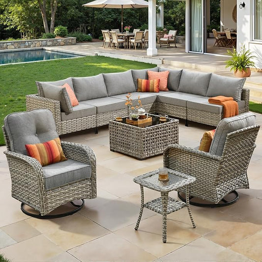 10 Piece Outdoor Patio Furniture with Swivel Rocking Chair, Rattan Wicker Conversation Set with Glowing Coffee Table, Sectional Single Chairs for Porch Balcony Backyard Pool,Grey