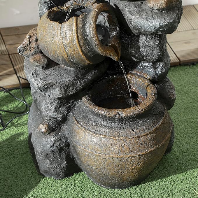 Outsunny 28.3" Tall Solar Powered Outdoor Water Fountain, 4-Tier Floor Standing Resin Cascading Jars and Stacked Stones Waterfall Fountain with LED Lights and Pump for Garden, Patio, Backyard