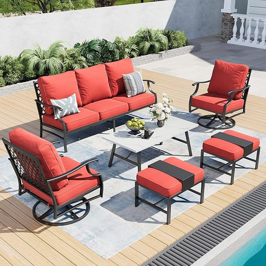 6 Piece Metal Outdoor Patio Furniture Set, Patio Conversation Sets 1 3-Seater Sofa, 2 Swivel Chair, 2 Ottomans with 5.75" Thick Cushion and Coffee Table, Black Backyard Furniture, Red