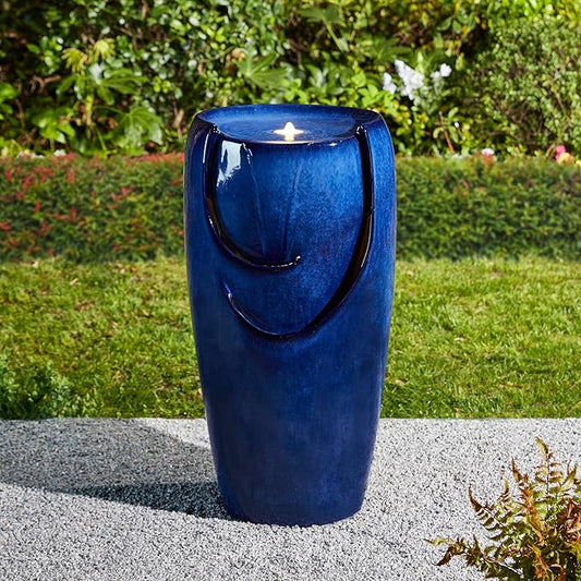 Glitzhome Outdoor Water Fountain with LED Light, Oversized Ceramic Vase Water Fountains Outdoor, Tall Water Feature Backyard Fountain for Garden Patio, Cobalt Blue, 29.3”H