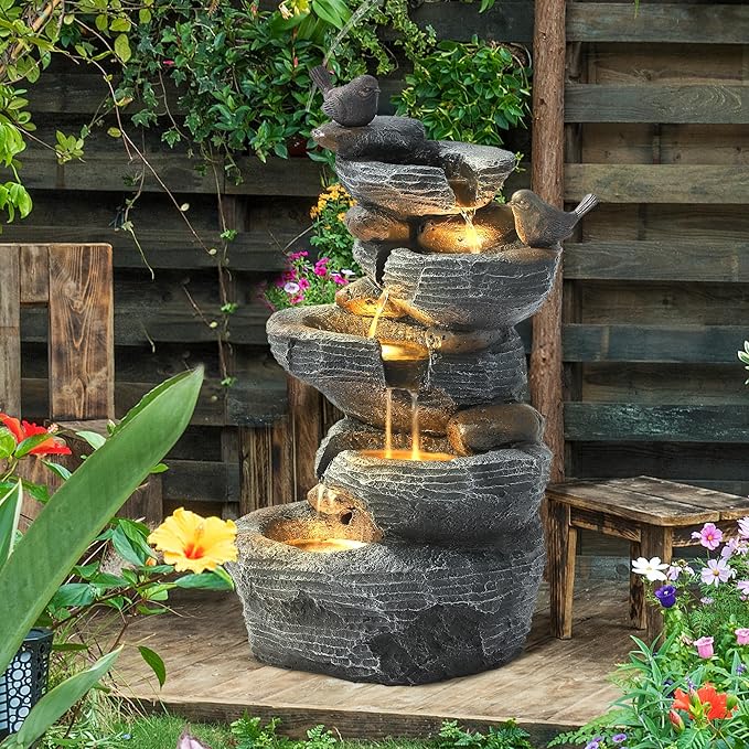 Grepatio Outdoor 5-Tiers Cascading Rock Water Fountain, Waterfall Fountain with 4 LED Lights, Outdoor Fountains and Waterfalls for Garden or Patio, Yard, and Deck Decor with Natural Stone Look