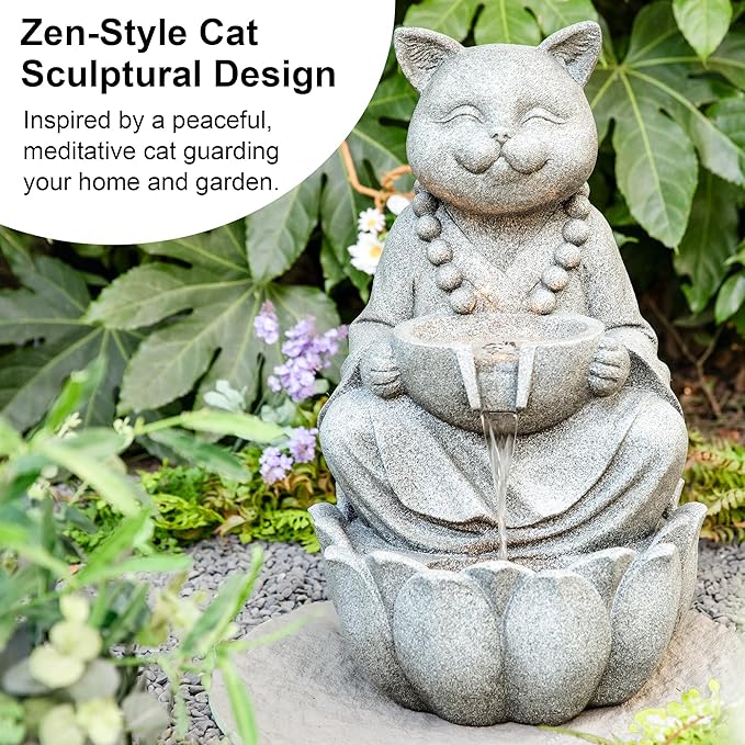 Glitzhome Water Fountain Outdoor, Outdoor Fountain with Lights, Zen-Style Water Fountain with Pump, 22" H 2-Tiered Concrete Cat Statue Polyresin Water Feature for Home Patio Garden Backyard Decor