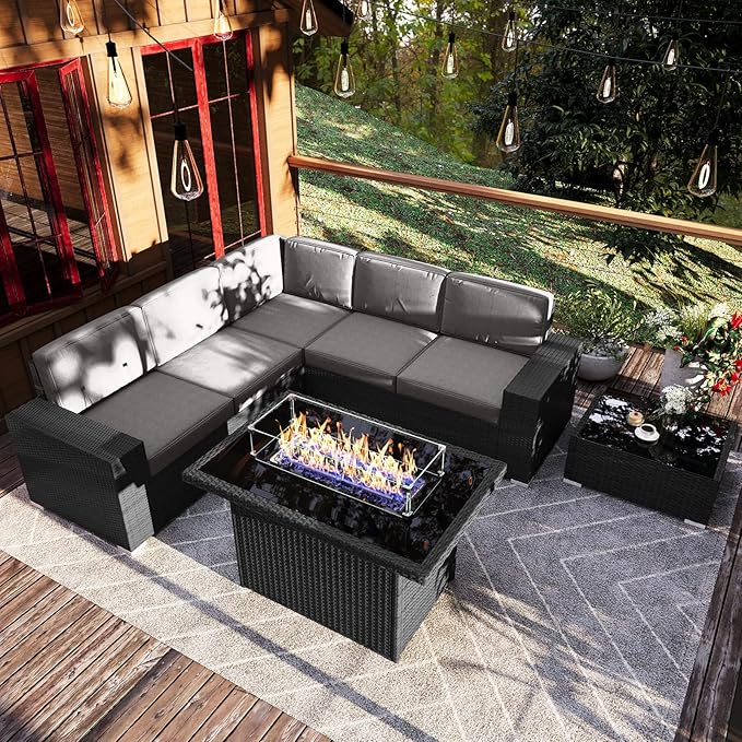 7 Pieces Patio Furniture Set with 44" Propane Gas Fire Pit Table, Outdoor Sectional Wicker Conversation Sofa Sets with Coffee Table