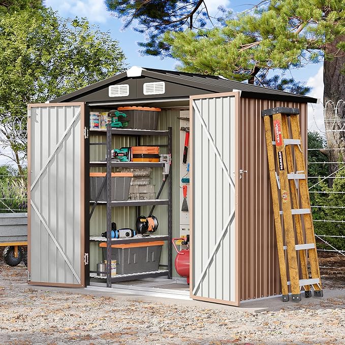 6x4FT Outdoor Storage Shed with Base, Metal Garden Tool Shed with Sloping Roof & Lockable Door for Patio Lawn Backyard (Dark/Base) - Image 2
