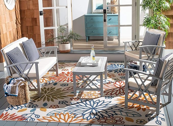 SAFAVIEH Outdoor Collection Fontana Grey / Beige Cushions/ Stripe Pillows 4-Piece Conversation Patio Set