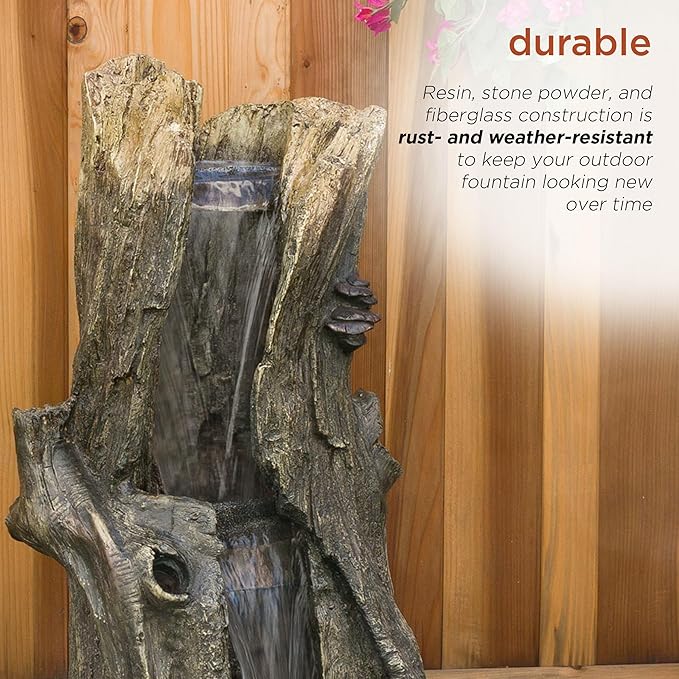 Alpine Corporation WIN258 Outdoor Rainforest Waterfall Tree Trunk Floor Fountain with LED Lights, Tiered Garden Decor, 41" H, Brown