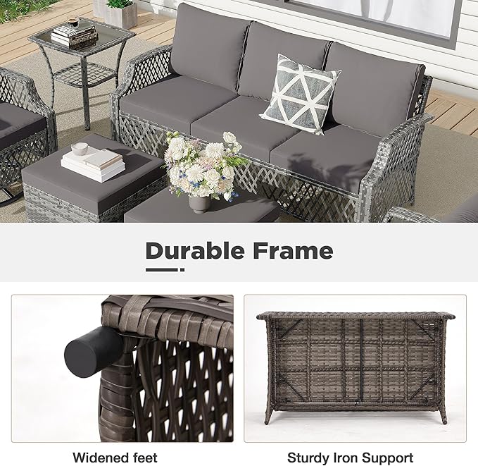 HOMREST 7 Piece Patio Furniture Set, Wicker Outdoor Conversation Sofa Set with Swivel Chairs, 2 Ottomans, Glass Side Table, Rattan Outdoor Sectional for Deck Backyard Porch （9 Seats, Gray）