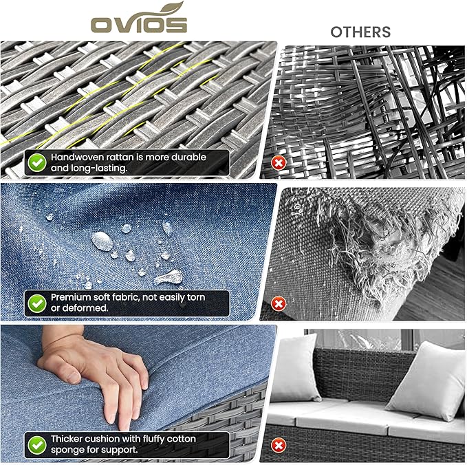 ovios 5-Piece Patio Furniture Set with Swivel Chairs Coffee Table, Outdoor Wicker Sofa with Comfy Cushions, High Back Couch Modern Conversation Sets, Grey/Denim Blue
