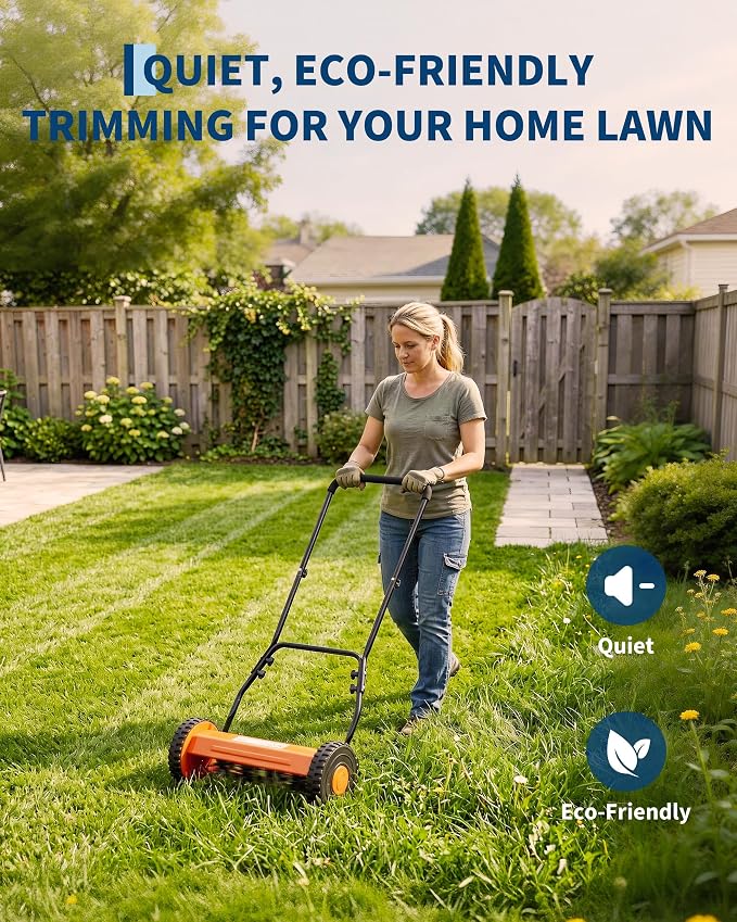 Push Reel Lawn Mower, 14 Inch 5-Blade Manual Reel Lawn Mower, Walk-Behind Lawn Mower with Adjustable Cutting Height, Orange - Image 4