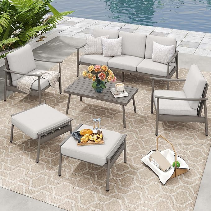 HAPPATIO Patio Outdoor Furniture Set - 6 Pieces Aluminum Outdoor Conversation Set with 1 Three-Seater Sofa, 1 Coffee Table, 2 Armchairs, and 2 Ottomans for Yard, Porch, and Deck (Grey)