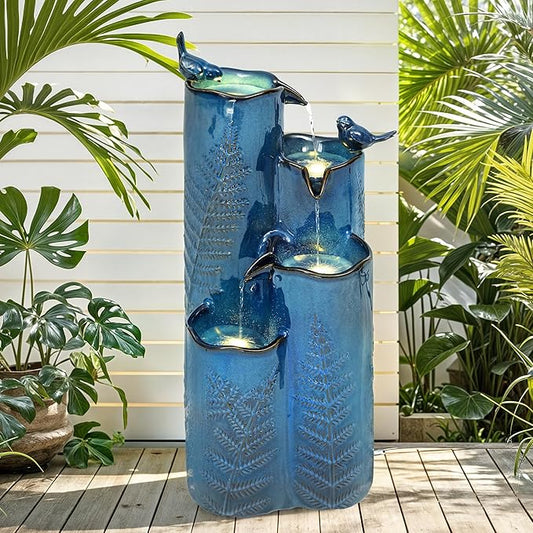 32" H Ceramic Outdoor Water Fountain, 4-Tier Tropical Cascading Waterfall with LED, Turquoise Glaze & Embossed Fern Pattern, Bird-Attracting Water Feature for Garden Patio Yard & Porch Decor