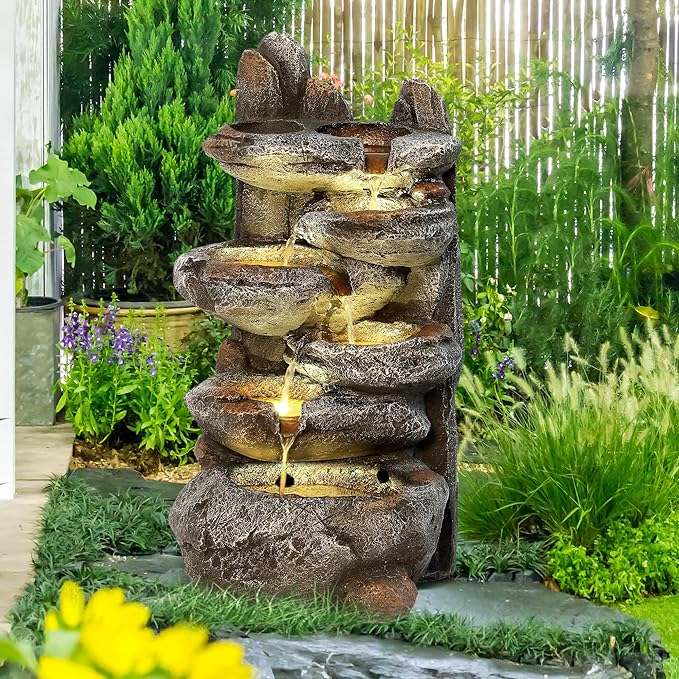 Outdoor Cascading Rock Water Fountain, 6-Tiers Fountains and Waterfalls with LED Lights, Indoor Freestanding Resin Waterfall Feature w/Pump for Patio, Garden, Backyard, Deck, Porch, Home Decor