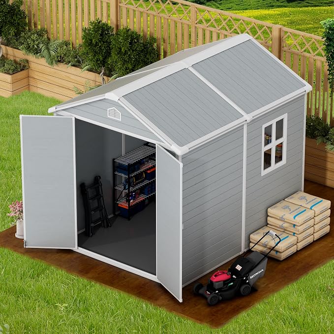 8x6 FT Outdoor Resin Storage Shed with Floor, All-Weather Plastic Garden Shed with Lockable Door & Windows, Waterproof Outside Tool Sheds for Backyard, Patio, Lawn, Tools Storage - Gray - Image 6