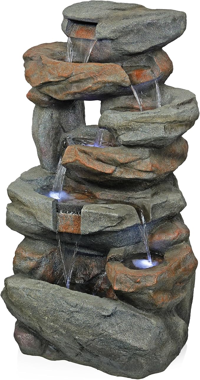 Alpine Corporation WIN1484S Cascading Natural Stone Fountain with LED Lights, Waterfall for Garden, Patio, & Lawn, 41" H