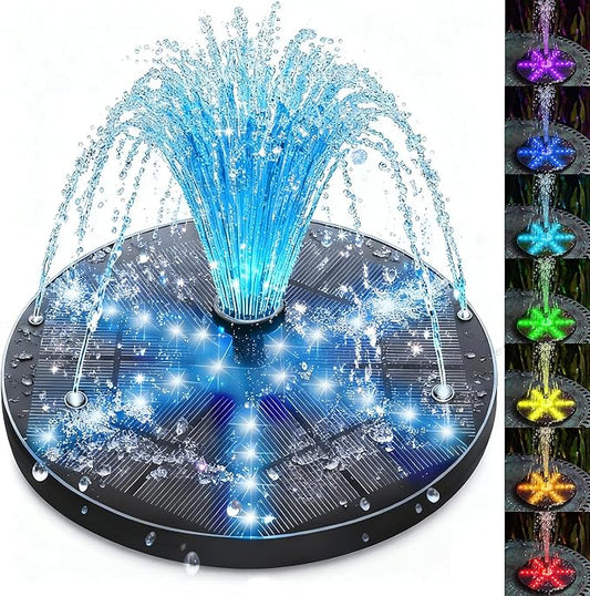 SZMP Solar Fountain with Colorful Star-Shaped Lights, 4W Bird Bath Fountain Pump with 4000 mAh Battery, 7 Nozzles & 4 Fixers, Solar Water Fountain for Garden, Pool, Pond, Outdoor(30 LEDs)