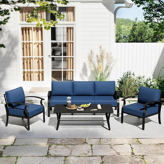 Aluminum Patio Furniture Set with Rectangular Coffee Table, 5 Seats Outdoor Patio Conversation Sets w/5.1" Cushions,Patio Conversation Sets for Garden, Backyard, Porch-Navy