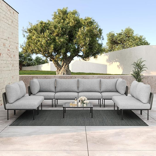 LayinSun 9 Pieces Aluminum Patio Furniture Set, Modern Modular Sectional Sofa with Coffee Table and Upgrade Thickness Cushion