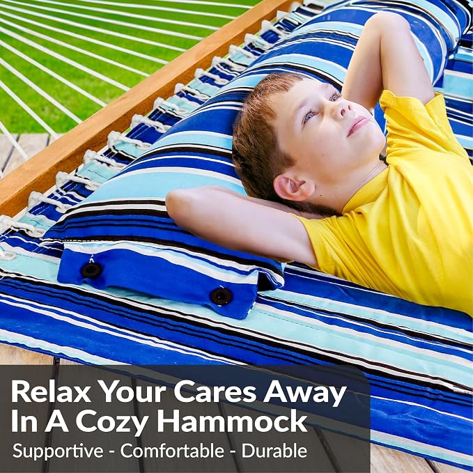 Sunnydaze Double Quilted Fabric Hammock with Universal Steel Stand - 450-Pound Capacity - Black Stand - Catalina Beach - Image 2