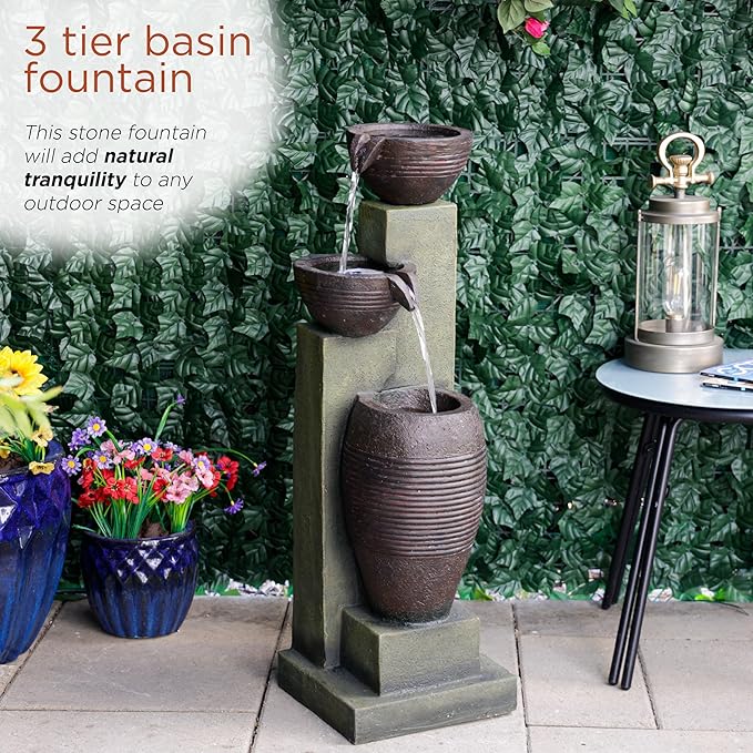 Alpine Corporation 32" Tall 3 Tier Basins Water Fountain with LED Lights, Waterfall Decor, Elegant Cascading Water Feature for Garden, Patio, Yard & Outdoor Spaces, Multi-Color