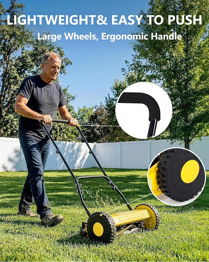 14-Inch Hand Push Reel Lawn Mower, 5-Blade Manual Push Lawnmower, 0.4-4“ Adjustable Cutting Height, Lightweight for Small/Medium Yards, Easy Assembly, Compact & Quiet, Yellow - Image 7