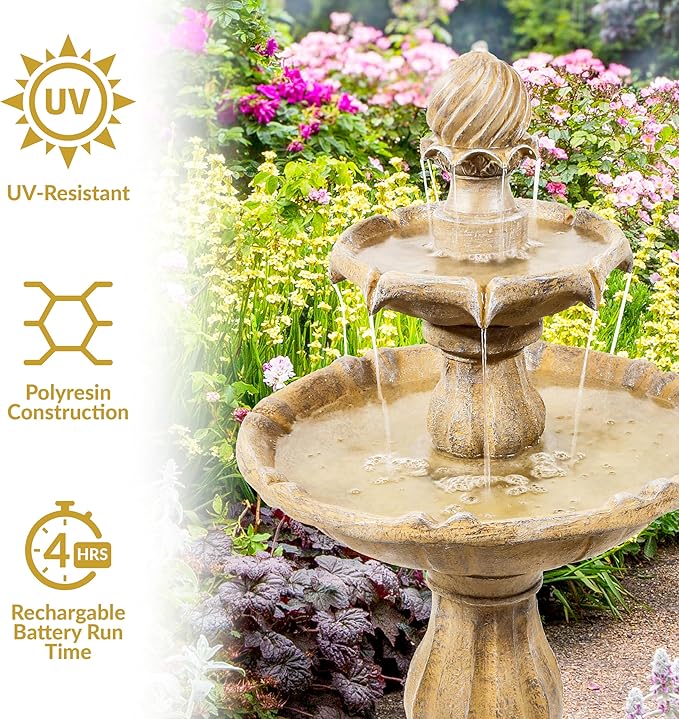 Sunnydaze 35" Solar 2-Tier Outdoor Water Fountain - Outdoor Water Fountain with Battery Backup and Pump - Earth