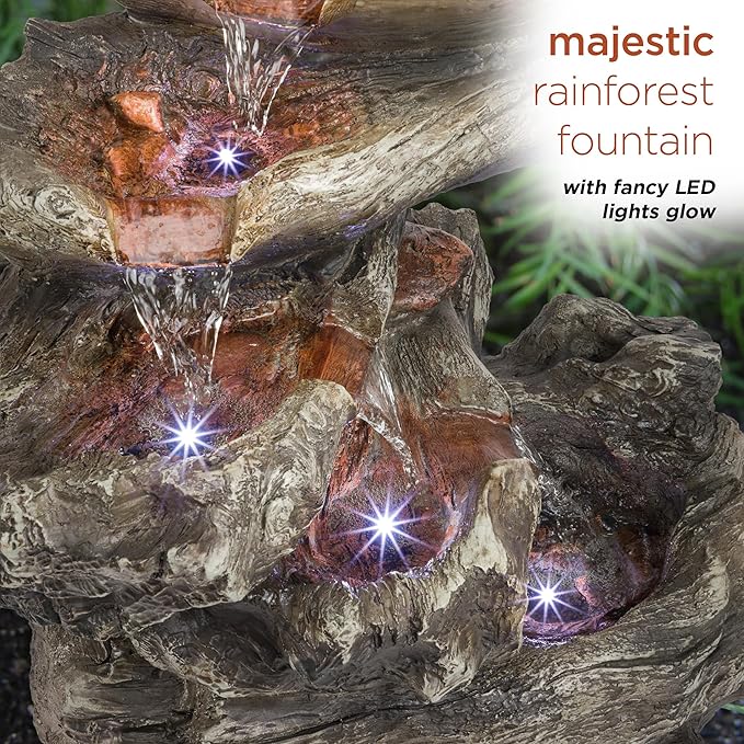 Alpine Corporation WIN1087 Indoor/Outdoor Floor Waterfall Fountain with LED Lights, 5-Tiered Rainforest Fountain 22", Brown