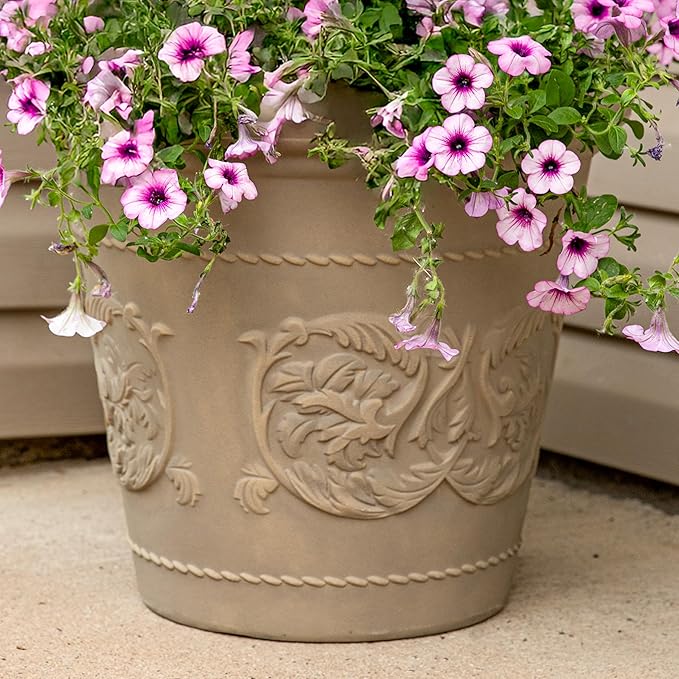 Sunnydaze 19.5-Inch Arabella Large Plastic Pot for Plants - Outdoor Double-Walled Polyresin Large Plastic Planter with Drillable Drainage Holes - Beige - 2-Pack