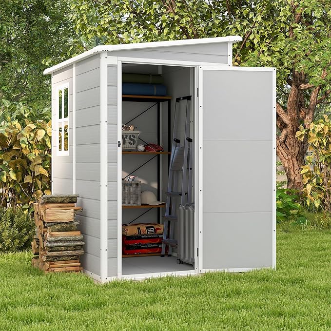 Patiowell 5x4 FT Outdoor Storage Shed with Floor, Resin Outside Storage Shed with Floor & Lockable & Window Door for Patio Furniture, Garden Tools and Bicycle, Light Gray by Patiowell